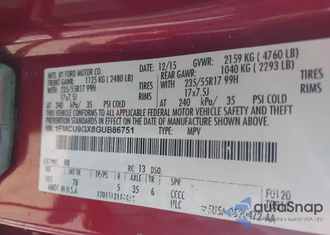 2016 Ford Escape Se z USA, uszkodzony, nr VIN 1FMCU9GX8GUB86751